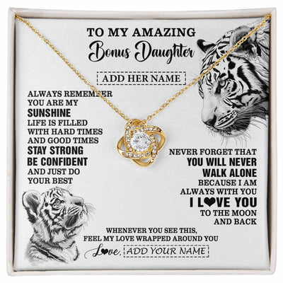 Love Knot Necklace 18K Yellow Gold Finish | 1 | Personalized To My Amazing Bonus Daughter Necklace From Stepmom Stepdad White Tiger It A Big Hug Stepdaughter Birthday Gifts Christmas Gift Box Message Card | https://siriusteestore.