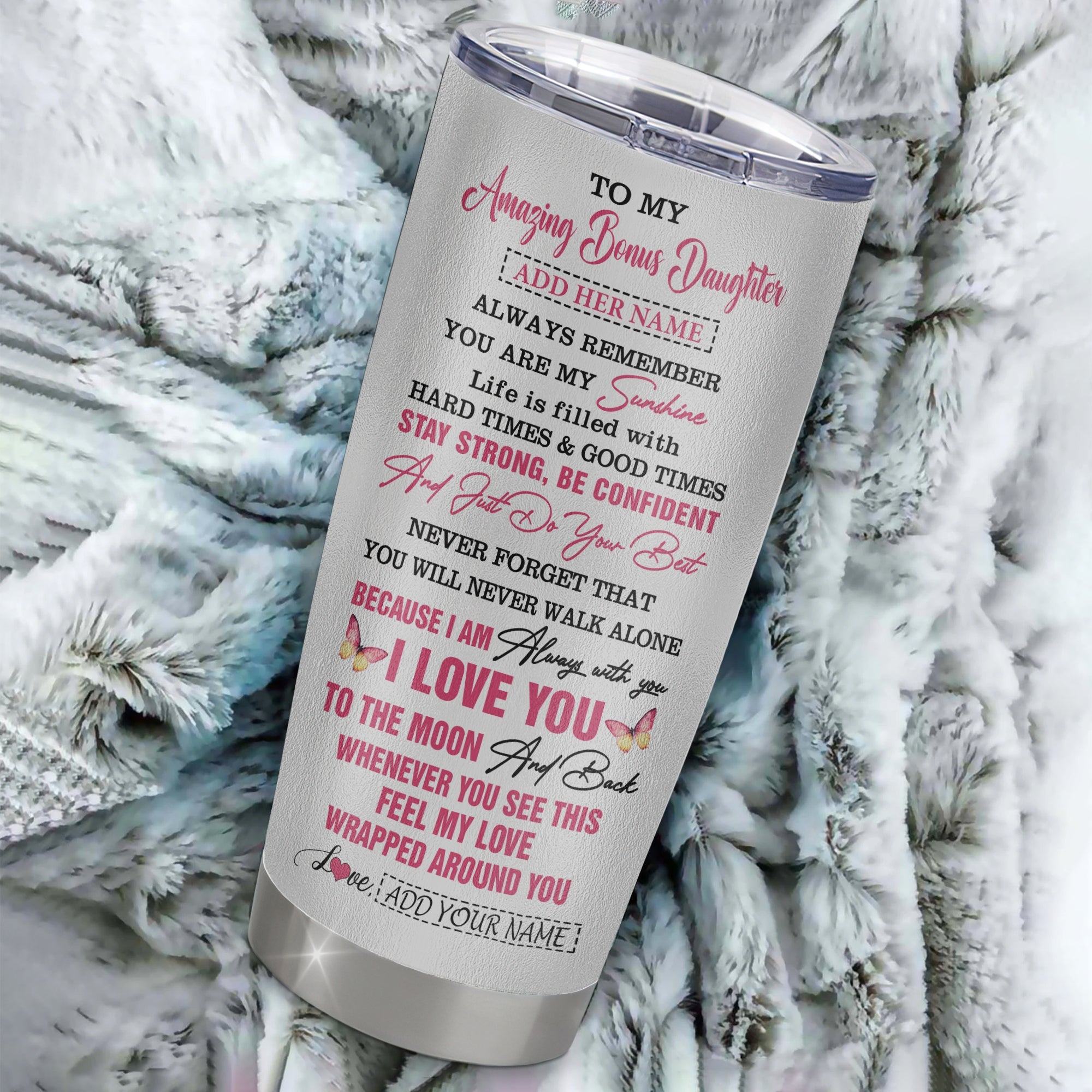 Personalized To My Amazing Bonus Daughter Tumbler From Stepmom Stepdad Butterfly It A Big Hug Stepdaughter Birthday Gifts Christmas Custom Stainless Steel Insulated Mug | siriusteestore