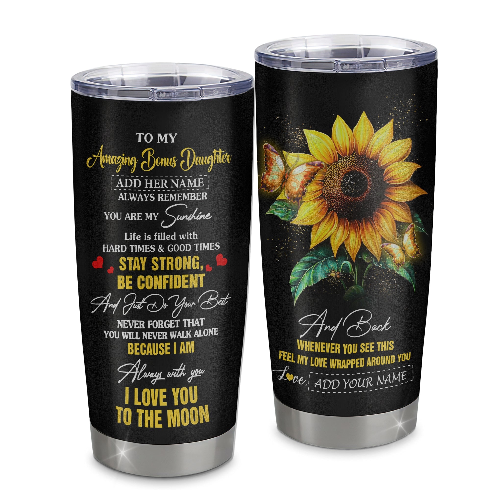 Personalized To My Amazing Bonus Daughter Tumbler From Stepmom Stepdad Sunflower It A Big Hug Stepdaughter Birthday Gifts Christmas Custom Stainless Steel Travel Mug | siriusteestore