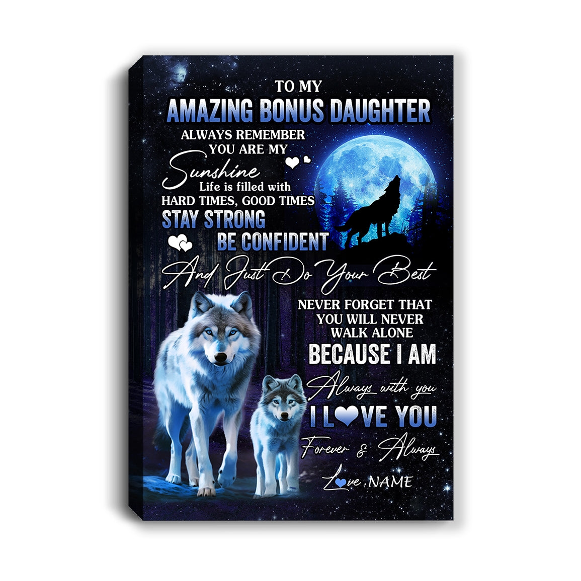 Personalized To My Amazing Bonus Daughter Wolf Canvas From Step Mom Dad Moon Wolf Stepdaughter Birthday Gifts Graduation Christmas Custom Wall Art Print Framed Canvas | siriusteestore
