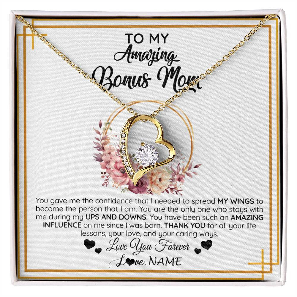 Forever Love Necklace 18K Yellow Gold Finish | 1 | Personalized To My Amazing Bonus Mom Necklace From Daughter You Gave Me The Confidence Stepmom Birthday Mothers Day Christmas Customized Gift Box Message Card | siriusteestore