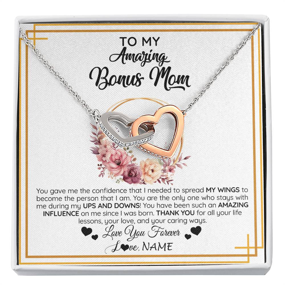 Interlocking Hearts Necklace Stainless Steel & Rose Gold Finish | 1 | Personalized To My Amazing Bonus Mom Necklace From Daughter You Gave Me The Confidence Stepmom Birthday Mothers Day Christmas Customized Gift Box Message Card | siriusteestore