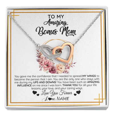 Interlocking Hearts Necklace Stainless Steel & Rose Gold Finish | 1 | Personalized To My Amazing Bonus Mom Necklace From Daughter You Gave Me The Confidence Stepmom Birthday Mothers Day Christmas Customized Gift Box Message Card | siriusteestore