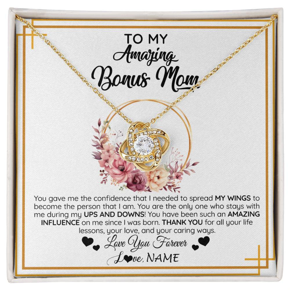 Love Knot Necklace 18K Yellow Gold Finish | 1 | Personalized To My Amazing Bonus Mom Necklace From Daughter You Gave Me The Confidence Stepmom Birthday Mothers Day Christmas Customized Gift Box Message Card | siriusteestore
