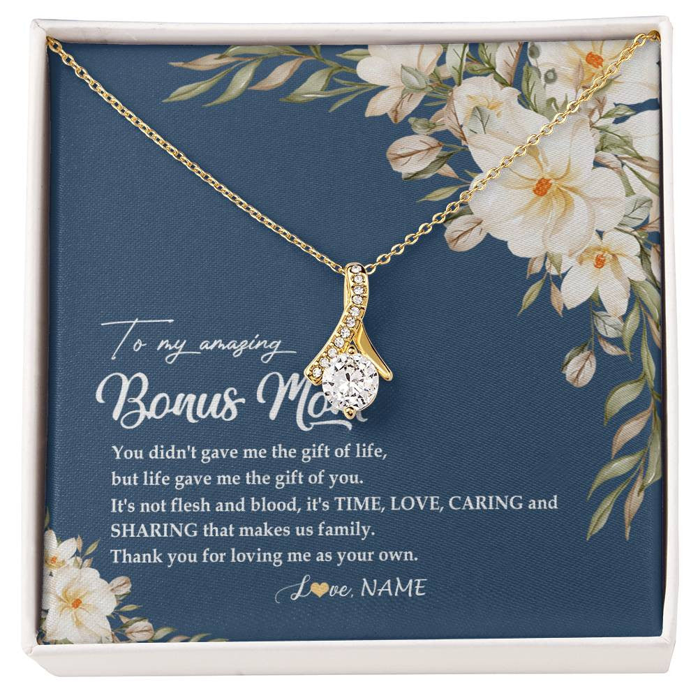 Alluring Beauty Necklace 18K Yellow Gold Finish | Personalized To My Amazing Bonus Mom Necklace from Daughter Thank You Step Mom Jewelry Birthday Mothers Day Thanksgiving Christmas Customized Message Card | siriusteestore