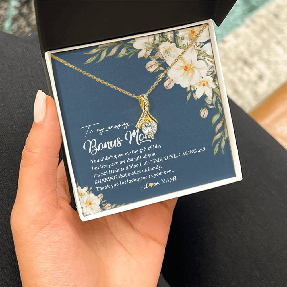 Alluring Beauty Necklace 18K Yellow Gold Finish | Personalized To My Amazing Bonus Mom Necklace from Daughter Thank You Step Mom Jewelry Birthday Mothers Day Thanksgiving Christmas Customized Message Card | siriusteestore