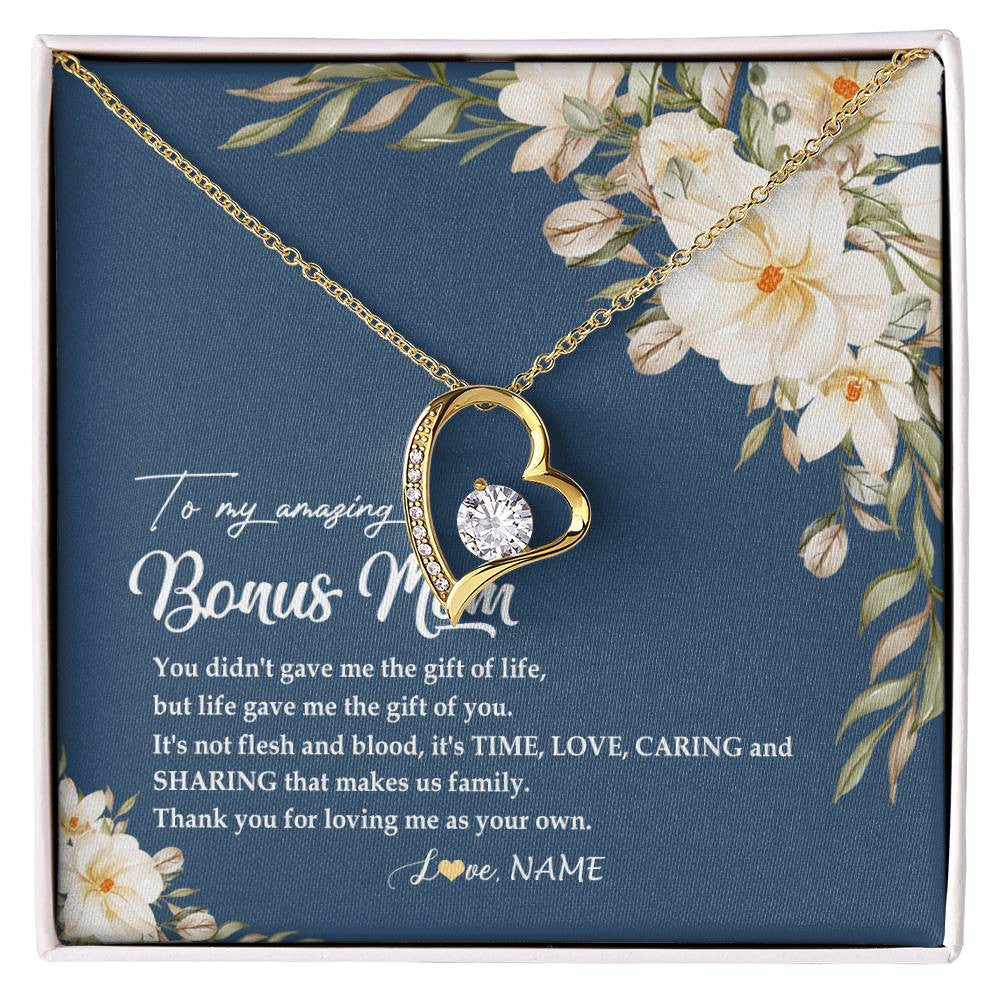 Forever Love Necklace 18K Yellow Gold Finish | Personalized To My Amazing Bonus Mom Necklace from Daughter Thank You Step Mom Jewelry Birthday Mothers Day Thanksgiving Christmas Customized Message Card | siriusteestore
