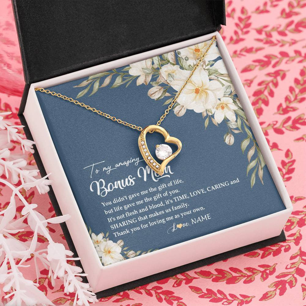 Forever Love Necklace 18K Yellow Gold Finish | Personalized To My Amazing Bonus Mom Necklace from Daughter Thank You Step Mom Jewelry Birthday Mothers Day Thanksgiving Christmas Customized Message Card | siriusteestore