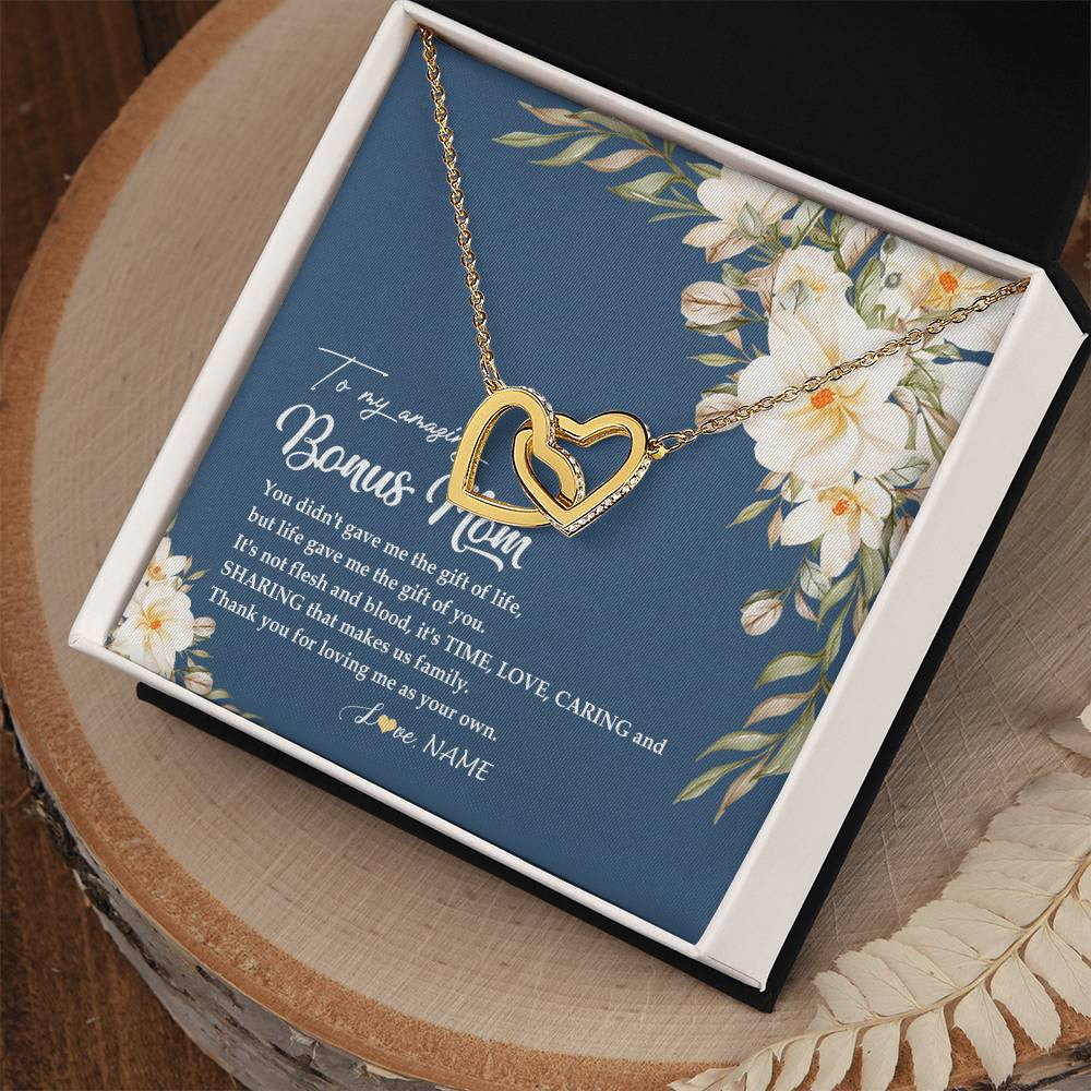 Interlocking Hearts Necklace 18K Yellow Gold Finish | Personalized To My Amazing Bonus Mom Necklace from Daughter Thank You Step Mom Jewelry Birthday Mothers Day Thanksgiving Christmas Customized Message Card | siriusteestore