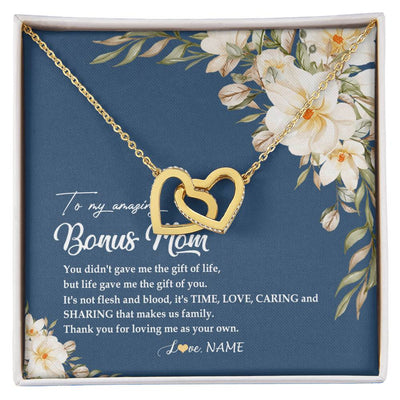 Interlocking Hearts Necklace 18K Yellow Gold Finish | Personalized To My Amazing Bonus Mom Necklace from Daughter Thank You Step Mom Jewelry Birthday Mothers Day Thanksgiving Christmas Customized Message Card | siriusteestore