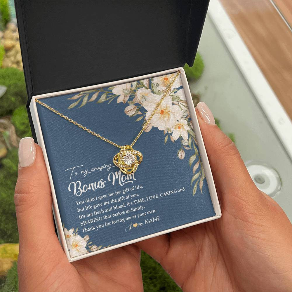 Love Knot Necklace 18K Yellow Gold Finish | Personalized To My Amazing Bonus Mom Necklace from Daughter Thank You Step Mom Jewelry Birthday Mothers Day Thanksgiving Christmas Customized Message Card | siriusteestore