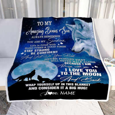 Personalized To My Amazing Bonus Son Blanket From Aunt Stepdad Wolf It A Big Hug Stepson Birthday Back To School Christmas Customized Fleece Throw Blanket | siriusteestore