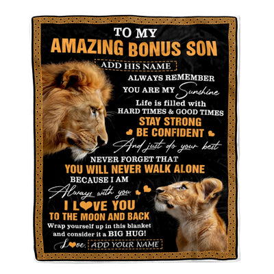 Personalized To My Amazing Bonus Son Blanket From Bonus Dad Stepdad Lion It A Big Hug Stepson Birthday Gifts Graduation Christmas Custom Fleece Throw Blanket | siriusteestore
