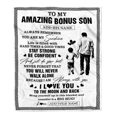 Personalized To My Amazing Bonus Son Blanket From Bonus Dad Stepdad Man It A Big Hug Stepson Birthday Gifts Graduation Christmas Customized Fleece Blanket | siriusteestore