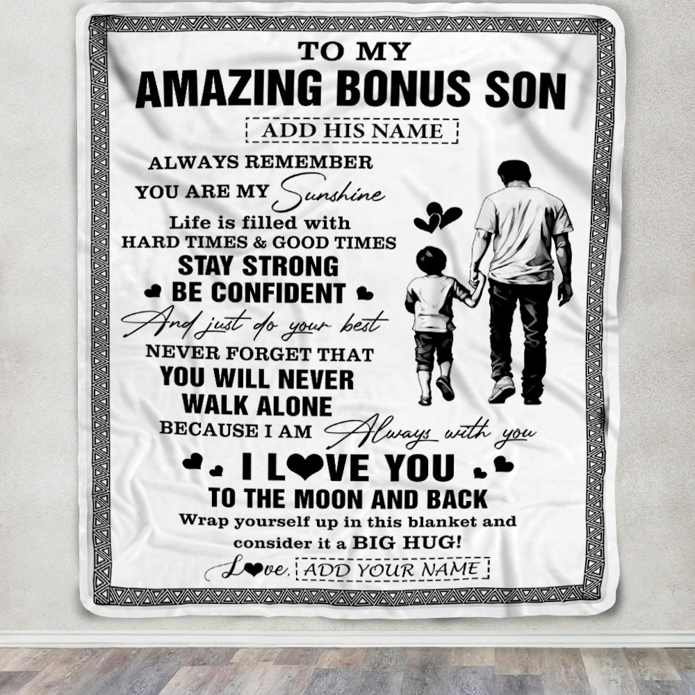 Personalized To My Amazing Bonus Son Blanket From Bonus Dad Stepdad Man It A Big Hug Stepson Birthday Gifts Graduation Christmas Customized Fleece Blanket | siriusteestore