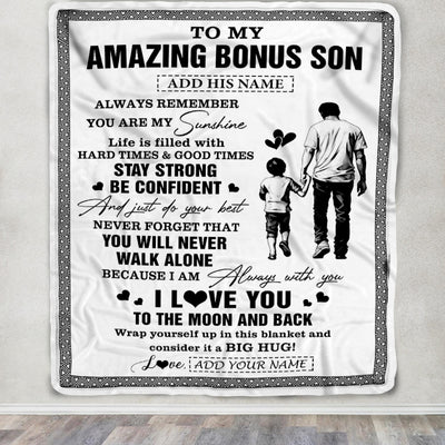 Personalized To My Amazing Bonus Son Blanket From Bonus Dad Stepdad Man It A Big Hug Stepson Birthday Gifts Graduation Christmas Customized Fleece Blanket | siriusteestore