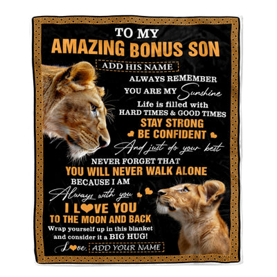 Personalized To My Amazing Bonus Son Blanket From Bonus Mom Stepmom Lion It A Big Hug Stepson Birthday Gifts Graduation Christmas Custom Fleece Throw Blanket | siriusteestore