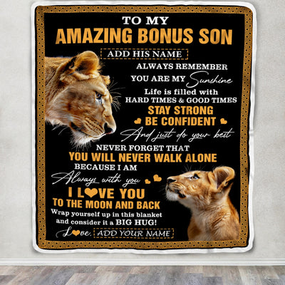 Personalized To My Amazing Bonus Son Blanket From Bonus Mom Stepmom Lion It A Big Hug Stepson Birthday Gifts Graduation Christmas Custom Fleece Throw Blanket | siriusteestore