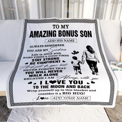 Personalized To My Amazing Bonus Son Blanket From Bonus Mom Stepmom Woman It A Big Hug Stepson Birthday Gifts Graduation Christmas Custom Fleece Blanket | siriusteestore