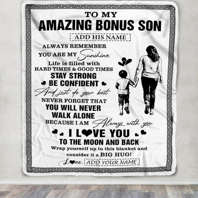 Personalized To My Amazing Bonus Son Blanket From Bonus Mom Stepmom Woman It A Big Hug Stepson Birthday Gifts Graduation Christmas Custom Fleece Blanket | siriusteestore