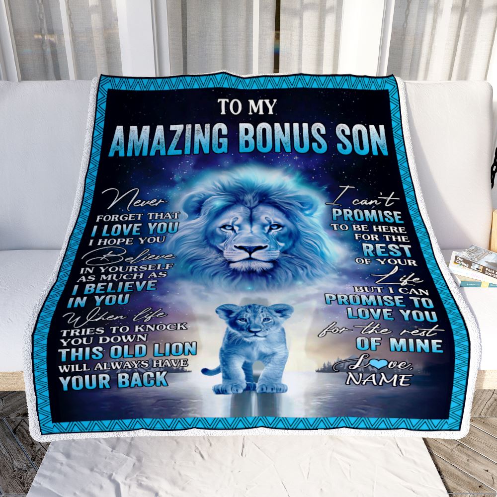 Personalized To My Amazing Bonus Son Blanket From Stepdad Lion Never Forget I Love You Stepson Birthday Gift Graduation Christmas Customized Fleece Blanket | siriusteestore