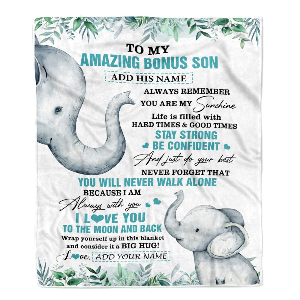 Personalized To My Amazing Bonus Son Blanket From Stepmom Elephant It A Big Hug Stepson Birthday Gifts Graduation Christmas Custom Fleece Throw Blanket | siriusteestore