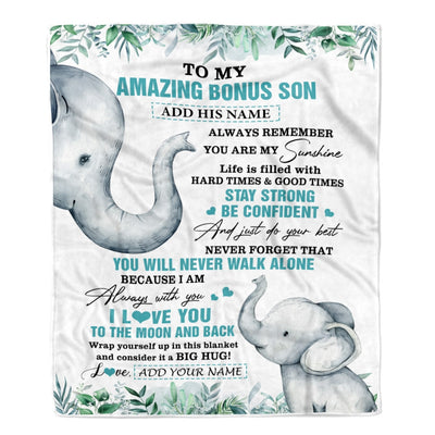 Personalized To My Amazing Bonus Son Blanket From Stepmom Elephant It A Big Hug Stepson Birthday Gifts Graduation Christmas Custom Fleece Throw Blanket | siriusteestore
