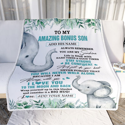 Personalized To My Amazing Bonus Son Blanket From Stepmom Elephant It A Big Hug Stepson Birthday Gifts Graduation Christmas Custom Fleece Throw Blanket | siriusteestore