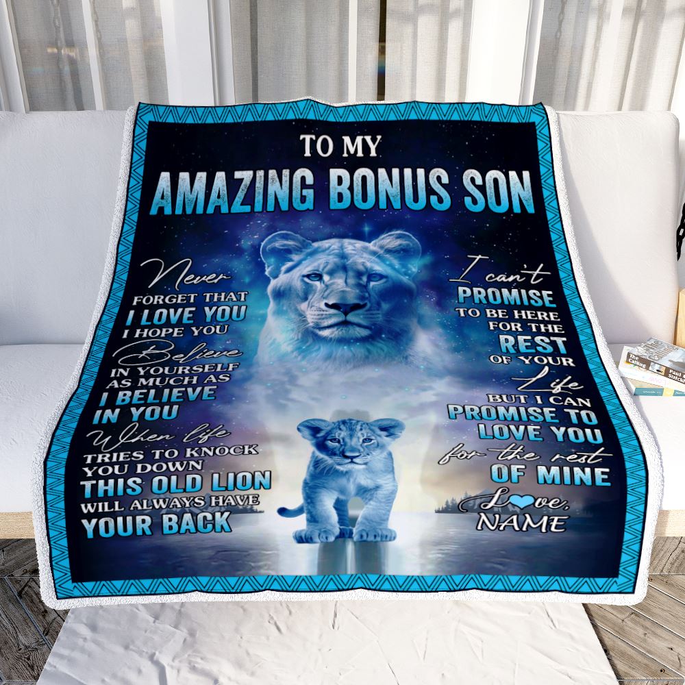 Personalized To My Amazing Bonus Son Blanket From Stepmom Lion Never Forget I Love You Stepson Birthday Gift Graduation Christmas Customized Fleece Blanket | siriusteestore
