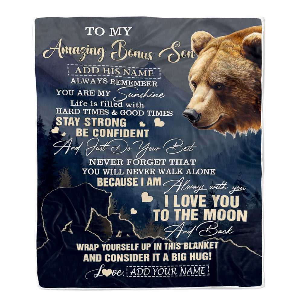 Personalized To My Amazing Bonus Son Blanket From Stepmom Stepdad Bear It A Big Hug Stepson Birthday Gifts Graduation Christmas Custom Fleece Throw Blanket | siriusteestore