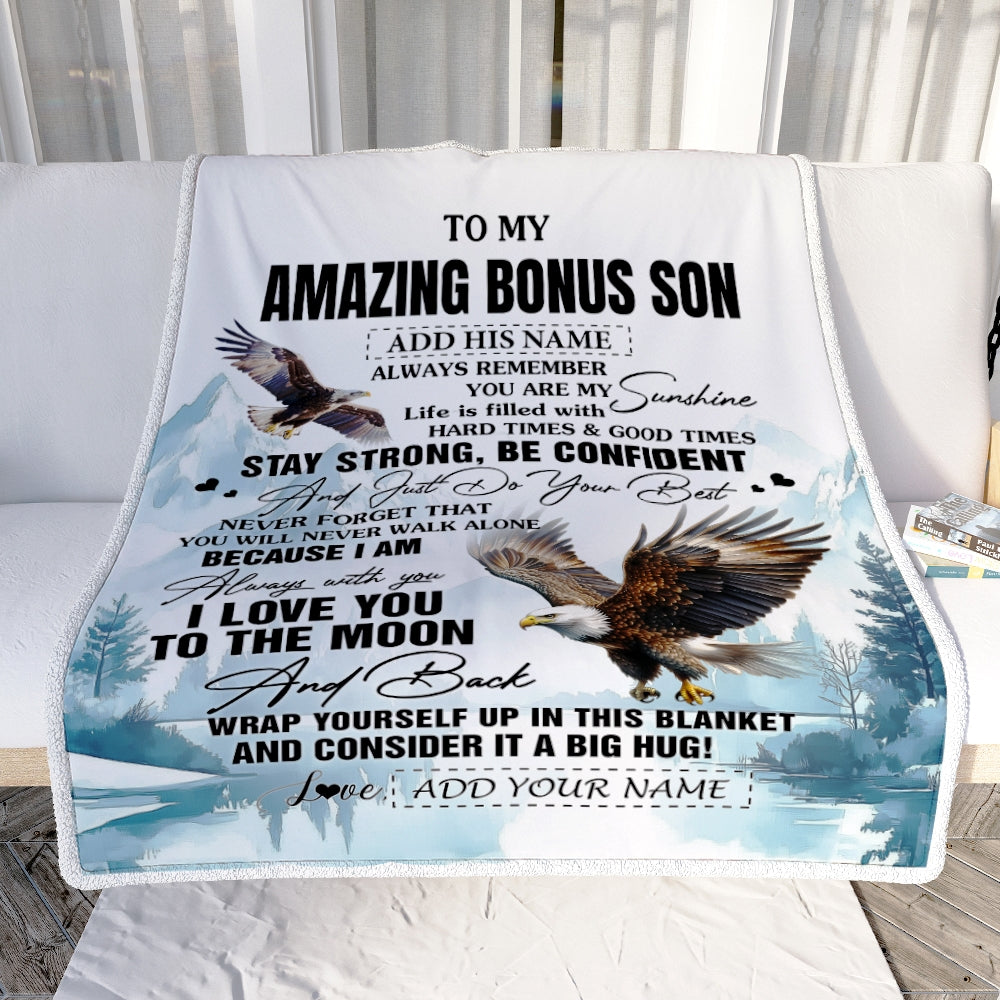 Personalized To My Amazing Bonus Son Blanket From Stepmom Stepdad Eagle It A Big Hug Stepson Birthday Gifts Graduation Christmas Custom Fleece Throw Blanket | siriusteestore