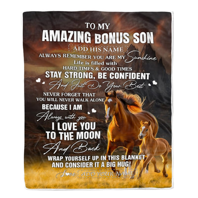 Personalized To My Amazing Bonus Son Blanket From Stepmom Stepdad Horse It A Big Hug Stepson Birthday Gifts Graduation Christmas Custom Fleece Throw Blanket | siriusteestore