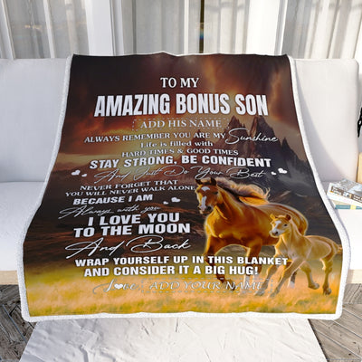 Personalized To My Amazing Bonus Son Blanket From Stepmom Stepdad Horse It A Big Hug Stepson Birthday Gifts Graduation Christmas Custom Fleece Throw Blanket | siriusteestore