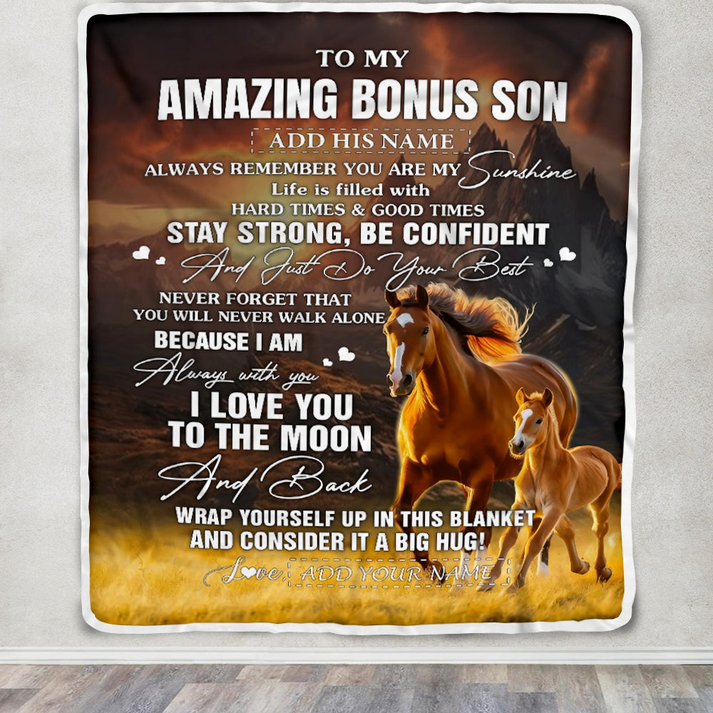 Personalized To My Amazing Bonus Son Blanket From Stepmom Stepdad Horse It A Big Hug Stepson Birthday Gifts Graduation Christmas Custom Fleece Throw Blanket | siriusteestore
