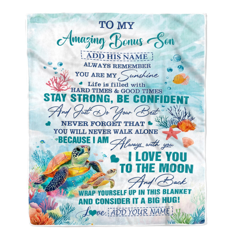 Personalized To My Amazing Bonus Son Blanket From Stepmom Stepdad Turtle It A Big Hug Stepson Birthday Gifts Graduation Christmas Custom Fleece Throw Blanket | siriusteestore