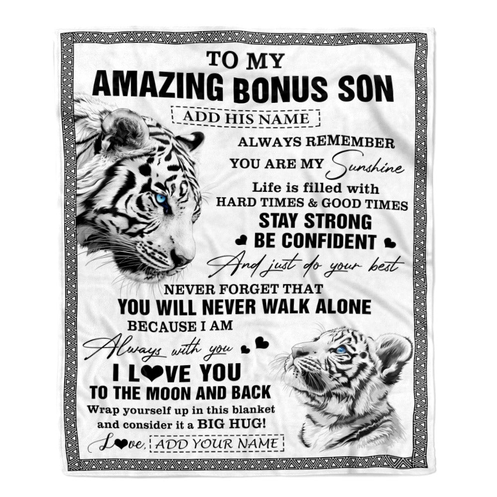 Personalized To My Amazing Bonus Son Blanket From Stepmom Stepdad White Tiger It A Big Hug Stepson Birthday Gifts Christmas Customized Fleece Throw Blanket | siriusteestore