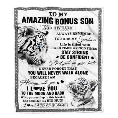 Personalized To My Amazing Bonus Son Blanket From Stepmom Stepdad White Tiger It A Big Hug Stepson Birthday Gifts Christmas Customized Fleece Throw Blanket | siriusteestore