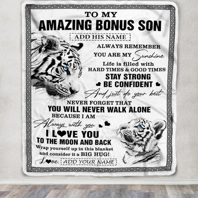 Personalized To My Amazing Bonus Son Blanket From Stepmom Stepdad White Tiger It A Big Hug Stepson Birthday Gifts Christmas Customized Fleece Throw Blanket | siriusteestore