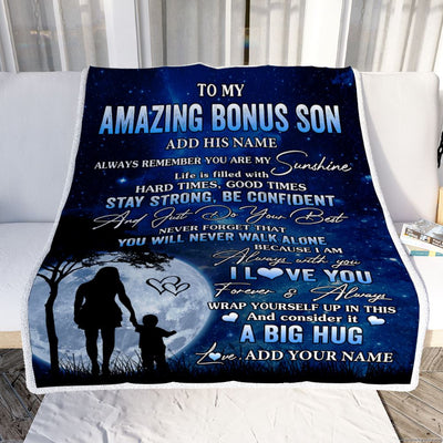 Personalized To My Amazing Bonus Son Blanket From Stepmother My Sunshine Stepson Birthday Gifts Graduation Christmas Customized Fleece Blanket | siriusteestore
