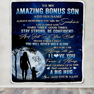 Personalized To My Amazing Bonus Son Blanket From Stepmother My Sunshine Stepson Birthday Gifts Graduation Christmas Customized Fleece Blanket | siriusteestore