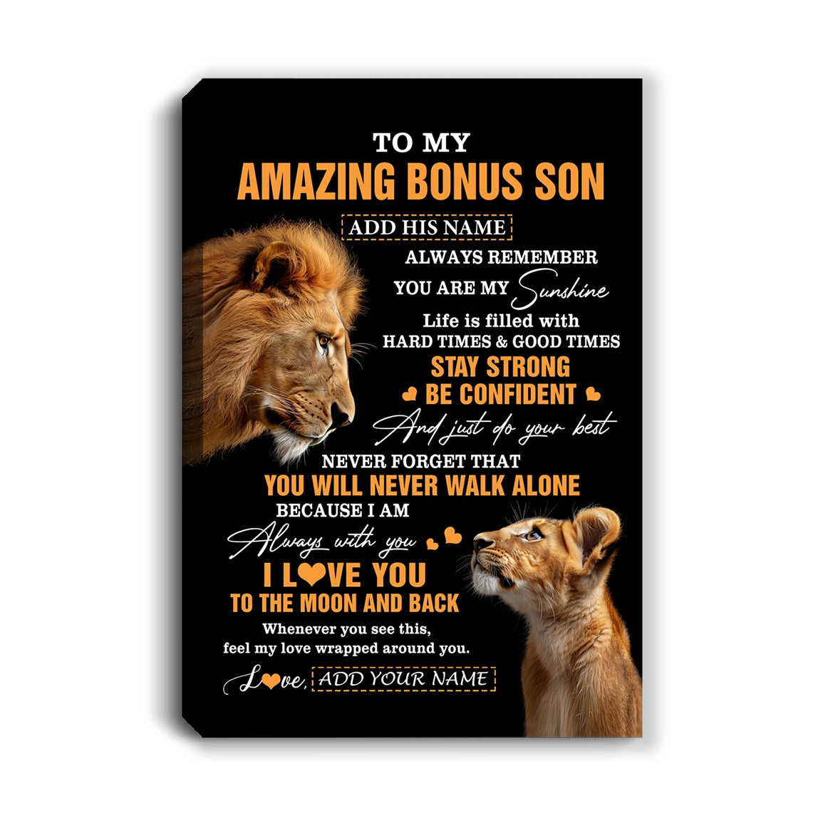 Personalized To My Amazing Bonus Son Canvas From Bonus Dad Stepdad Lion It A Big Hug Stepson Birthday Gifts Graduation Christmas Custom Wall Art Framed Canvas | siriusteestore