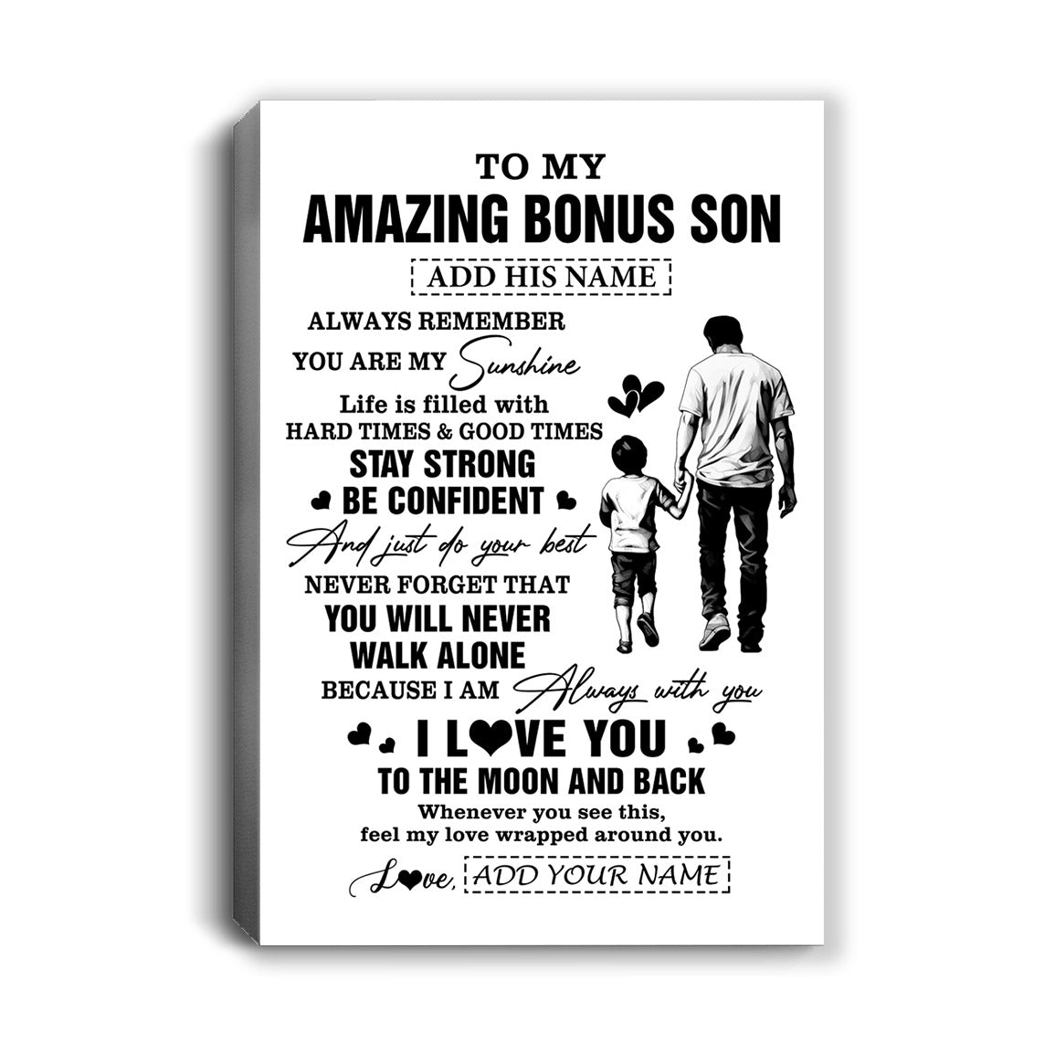 Personalized To My Amazing Bonus Son Canvas From Bonus Dad Stepdad Man It A Big Hug Stepson Birthday Gifts Graduation Christmas Custom Wall Art Framed Canvas | siriusteestore
