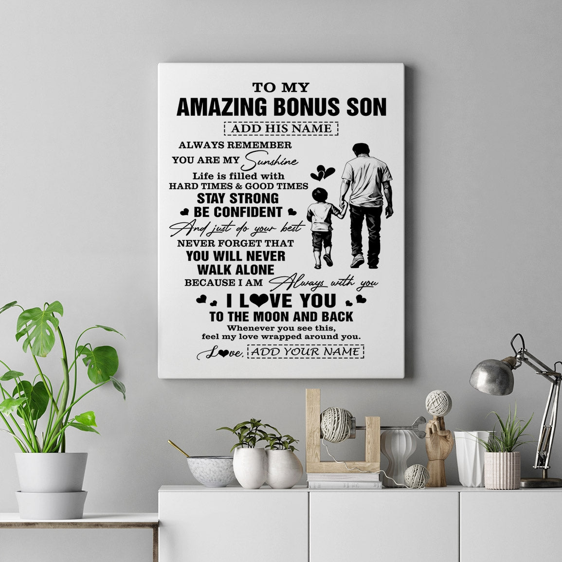 Personalized To My Amazing Bonus Son Canvas From Bonus Dad Stepdad Man It A Big Hug Stepson Birthday Gifts Graduation Christmas Custom Wall Art Framed Canvas | siriusteestore