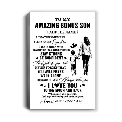 Personalized To My Amazing Bonus Son Canvas From Bonus Mom Stepmom Woman It A Big Hug Stepson Birthday Gifts Graduation Christmas Custom Wall Art Framed Canvas | siriusteestore