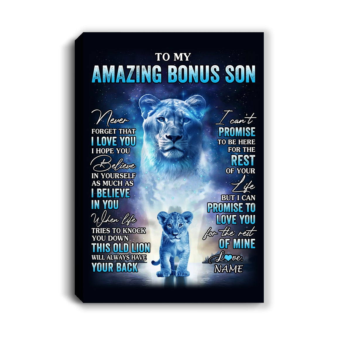 Personalized To My Amazing Bonus Son Canvas From Stepmom Lion Never Forget I Love You Stepson Birthday Gifts Graduation Christmas Custom Wall Art Print Framed Canvas | siriusteestore