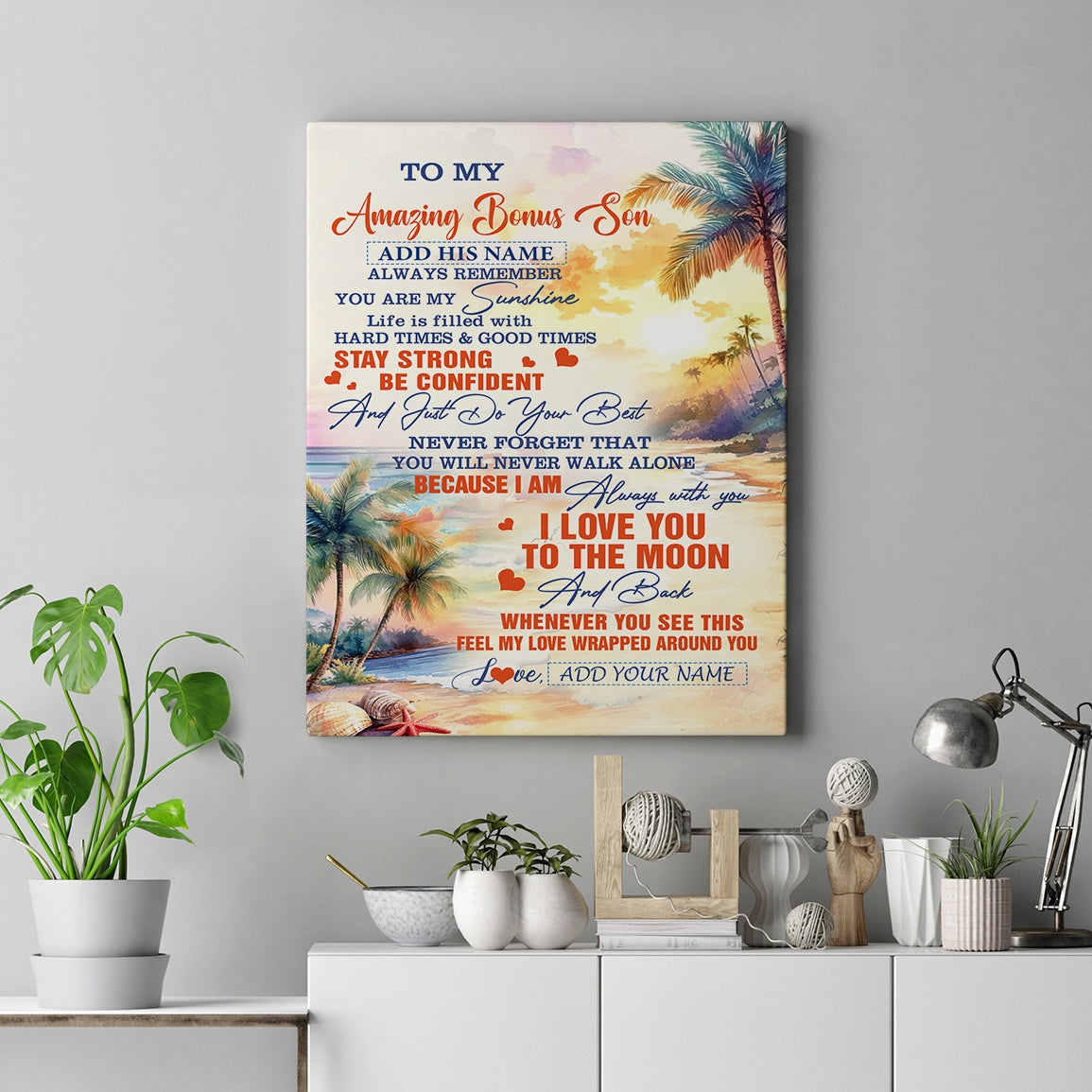 Personalized To My Amazing Bonus Son Canvas From Stepmom Stepdad Beach It A Big Hug Stepson Birthday Gifts Graduation Christmas Custom Wall Art Framed Canvas | siriusteestore