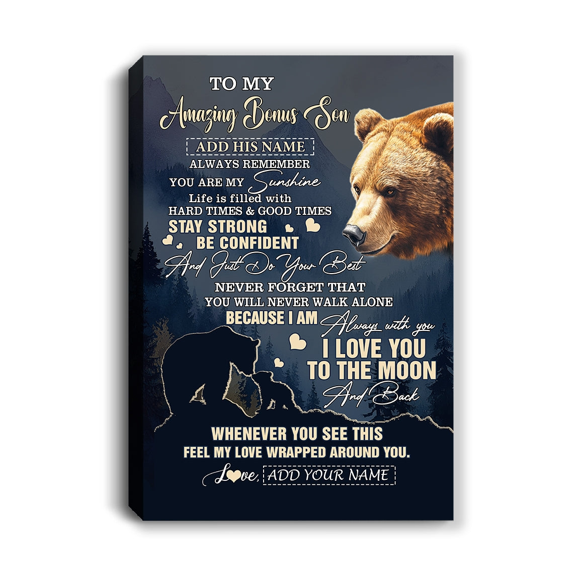 Personalized To My Amazing Bonus Son Canvas From Stepmom Stepdad Bear It A Big Hug Stepson Birthday Gifts Graduation Christmas Custom Wall Art Framed Canvas Shirt & Hoodie | siriusteestore