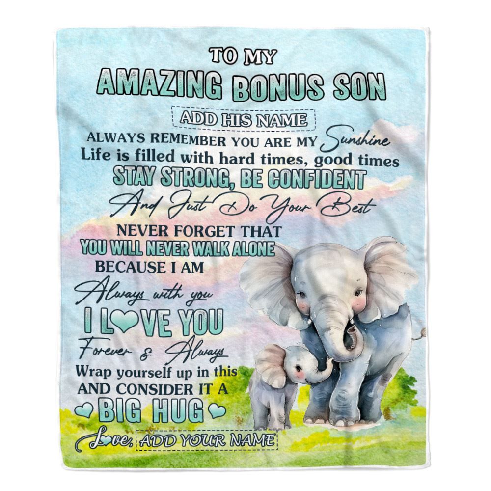 Personalized To My Amazing Bonus Son Elephant Blanket From Stepmother Stepdad My Sunshine Stepson Birthday Gifts Graduation Christmas Customized Fleece Blanket | siriusteestore