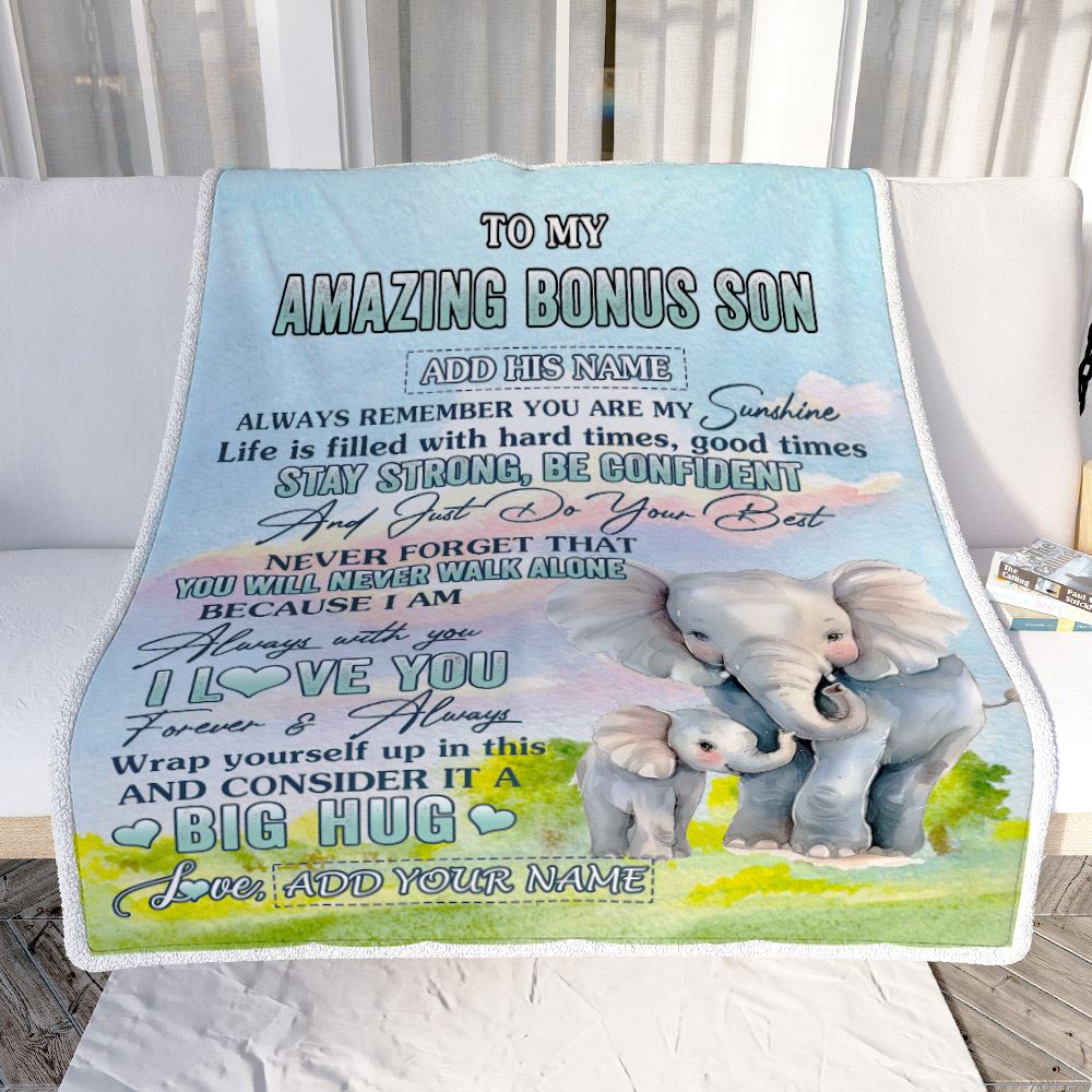 Personalized To My Amazing Bonus Son Elephant Blanket From Stepmother Stepdad My Sunshine Stepson Birthday Gifts Graduation Christmas Customized Fleece Blanket | siriusteestore