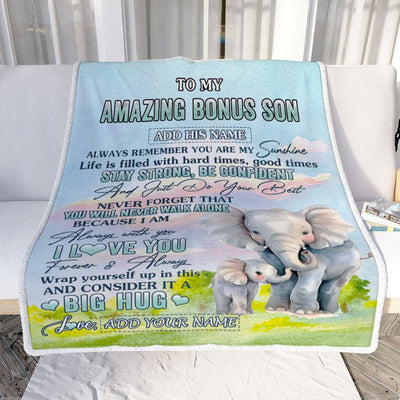 Personalized To My Amazing Bonus Son Elephant Blanket From Stepmother Stepdad My Sunshine Stepson Birthday Gifts Graduation Christmas Customized Fleece Blanket | siriusteestore